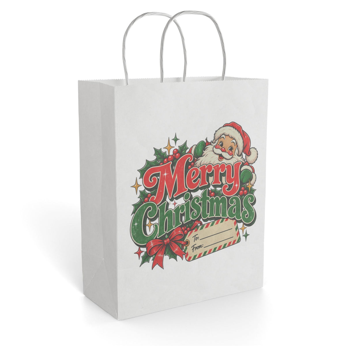 Merry Christmas Gift Bag — Vintage Santa Paper Gift Bag for Holiday Presents