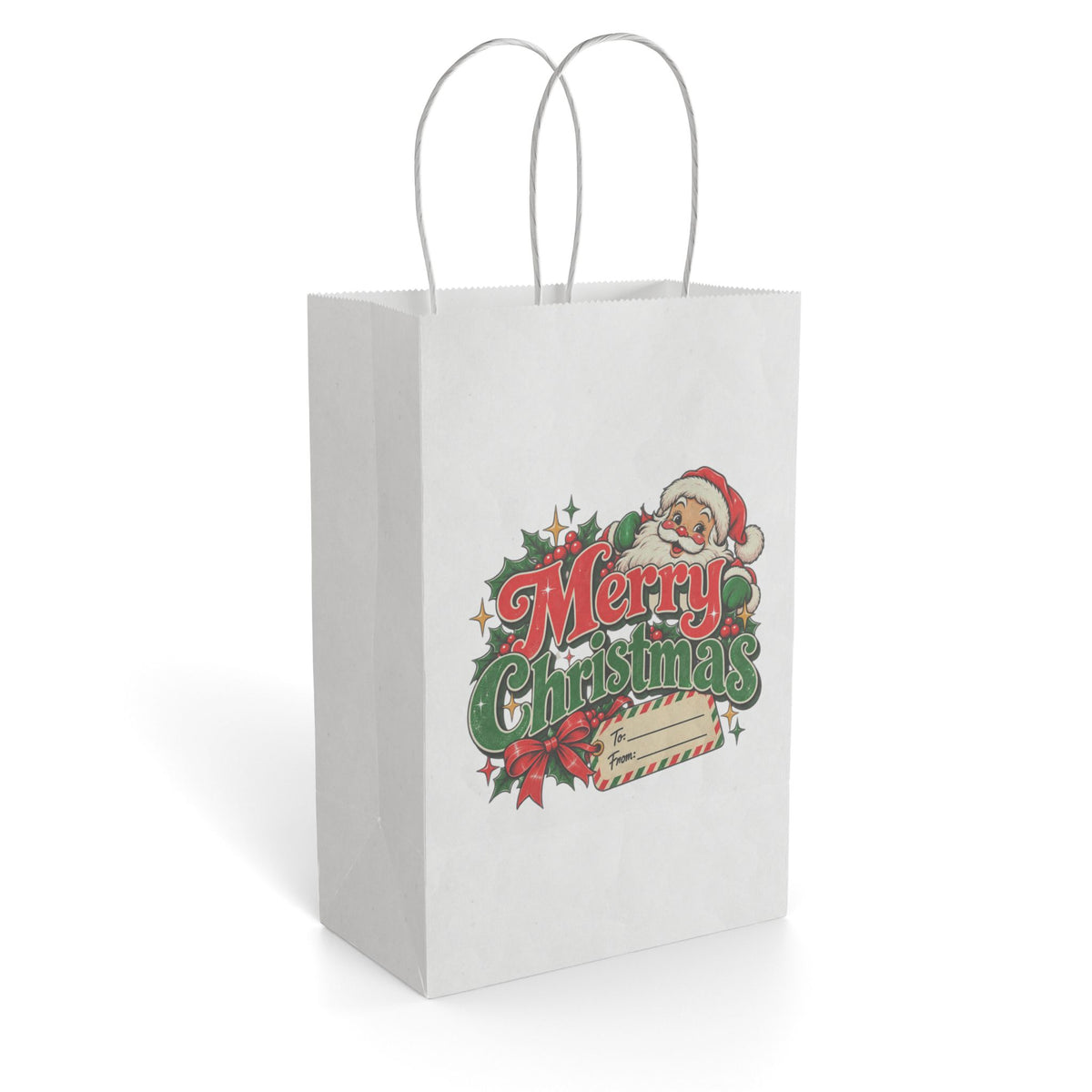 Merry Christmas Gift Bag — Vintage Santa Paper Gift Bag for Holiday Presents