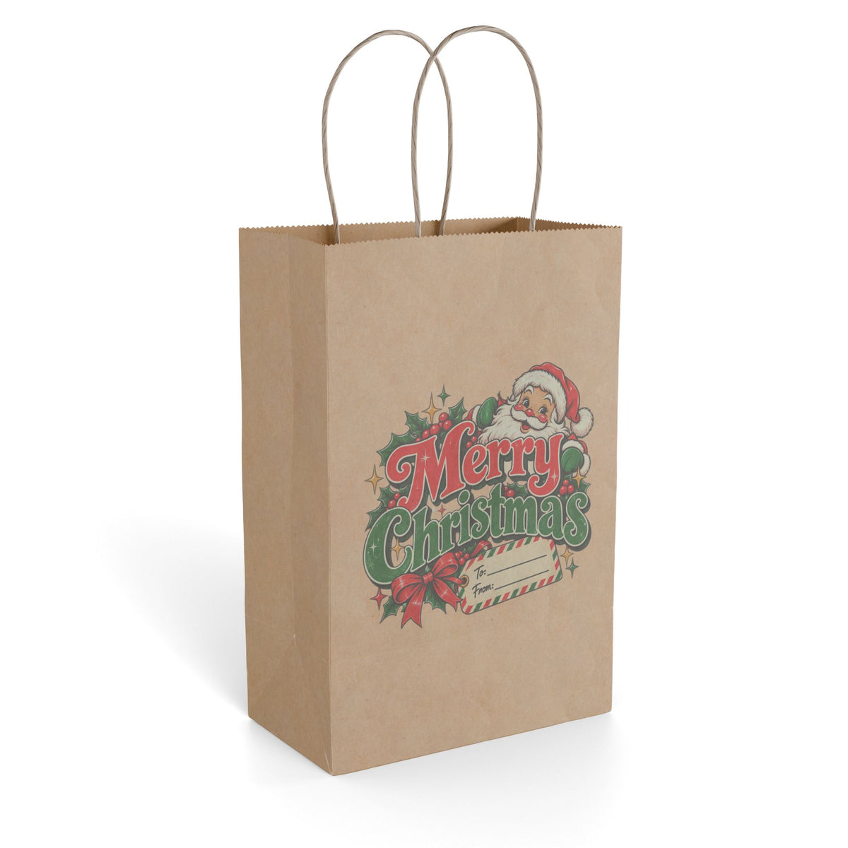 Merry Christmas Gift Bag — Vintage Santa Paper Gift Bag for Holiday Presents
