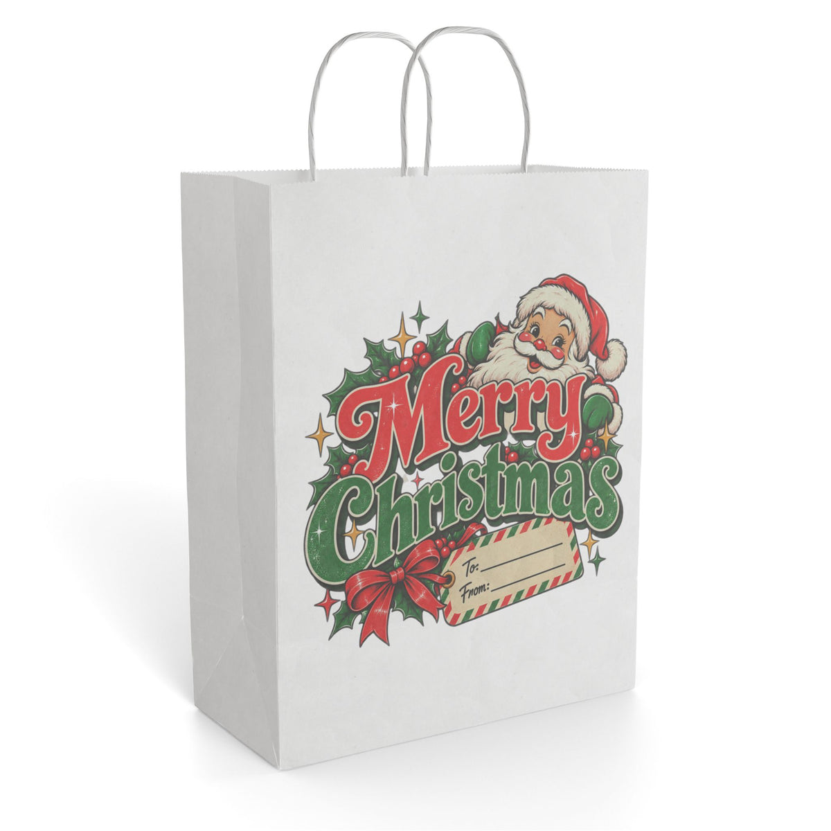 Merry Christmas Gift Bag — Vintage Santa Paper Gift Bag for Holiday Presents