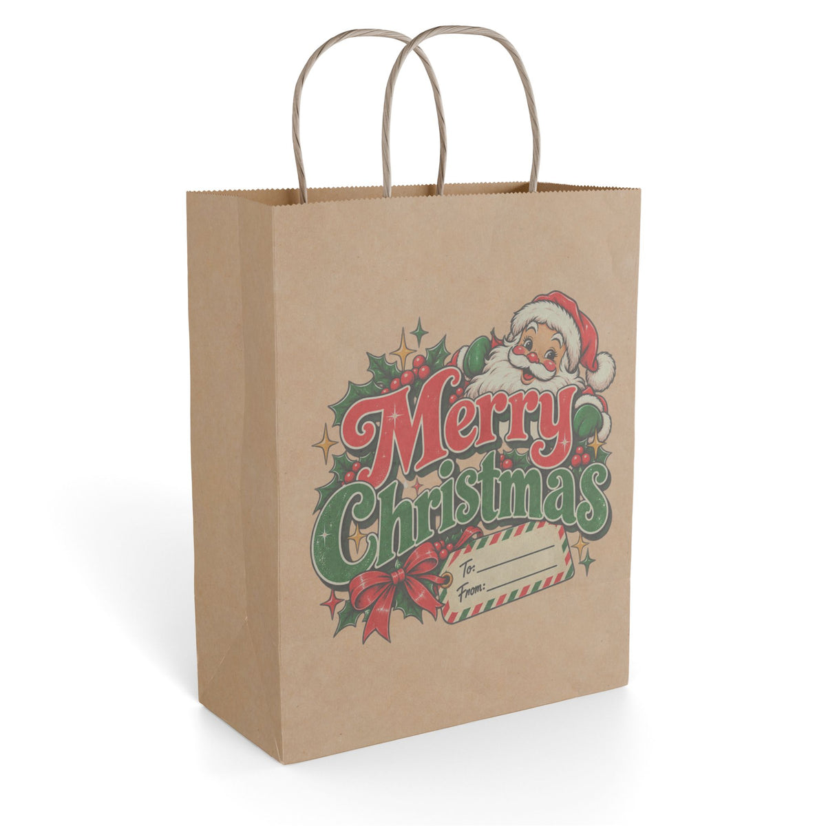 Merry Christmas Gift Bag — Vintage Santa Paper Gift Bag for Holiday Presents